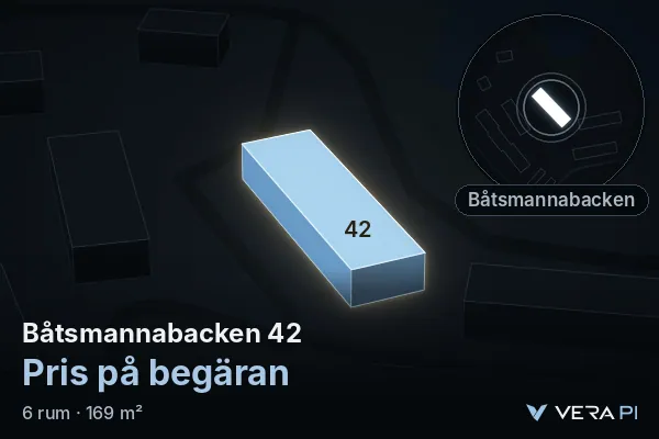 VERA PI's image of Båtsmannabacken 42: the building in 3D, lit in blue, and the map around it