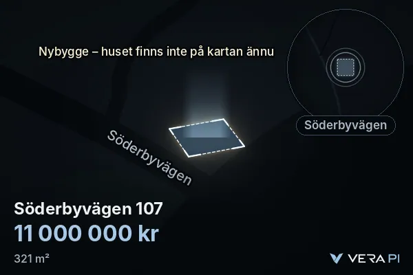 VERA PI:s bild av Söderbyvägen 107: huset i 3D, upplyst i blått, och kartan runt omkring