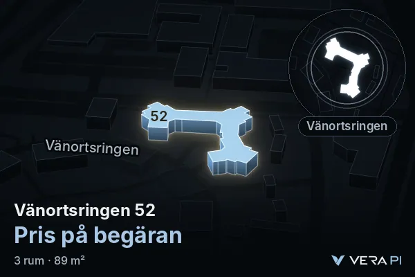 VERA PI's image of Vänortsringen 52: the building in 3D, lit in blue, and the map around it