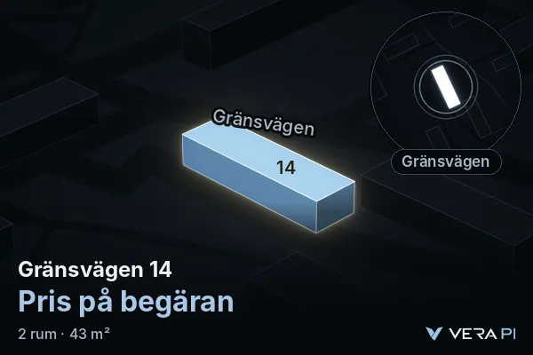 VERA PI:s bild av Gränsvägen 14: huset i 3D, upplyst i blått, och kartan runt omkring
