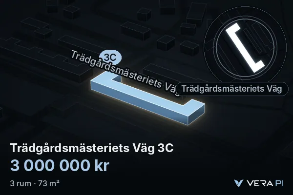 VERA PI's image of Trädgårdsmästeriets Väg 3C: the building in 3D, lit in blue, and the map around it
