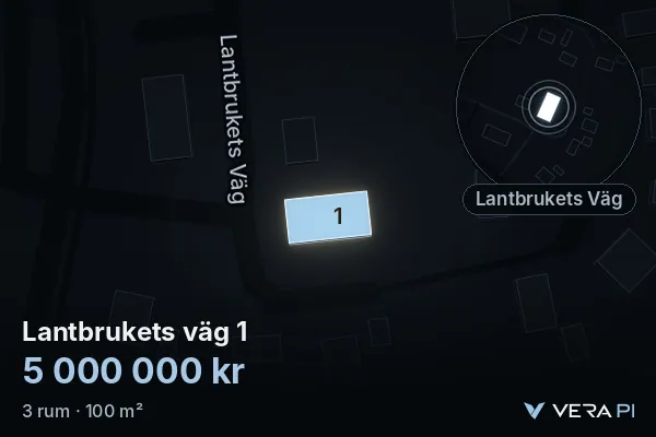 VERA PI:s bild av Lantbrukets väg 1: huset i 3D, upplyst i blått, och kartan runt omkring