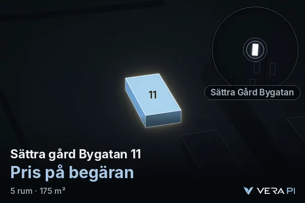 VERA PI:s bild av Sättra gård Bygatan 11: huset i 3D, upplyst i blått, och kartan runt omkring