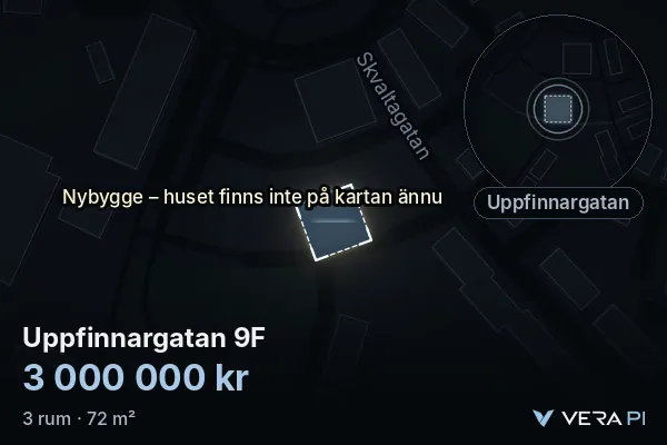 VERA PI:s bild av Uppfinnargatan 9F: huset i 3D, upplyst i blått, och kartan runt omkring