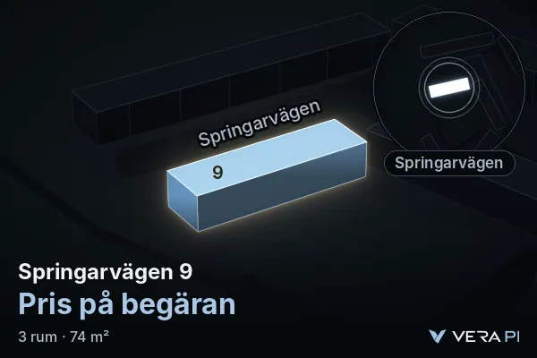 VERA PI:s bild av Springarvägen 9: huset i 3D, upplyst i blått, och kartan runt omkring