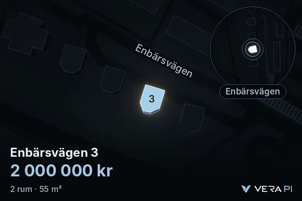 VERA PI:s bild av Enbärsvägen 3: huset i 3D, upplyst i blått, och kartan runt omkring