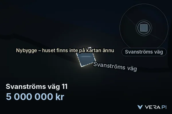 VERA PI:s bild av Svanströms väg 11: huset i 3D, upplyst i blått, och kartan runt omkring