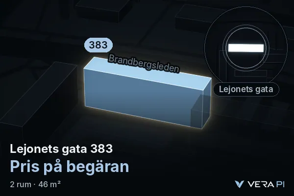VERA PI:s bild av Lejonets gata 383: huset i 3D, upplyst i blått, och kartan runt omkring