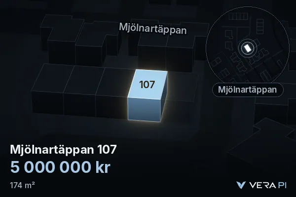 VERA PI:s bild av Mjölnartäppan 107: huset i 3D, upplyst i blått, och kartan runt omkring