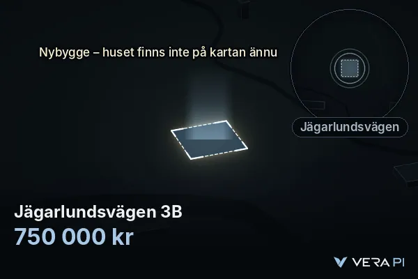 VERA PI's image of Jägarlundsvägen 3B: the building in 3D, lit in blue, and the map around it