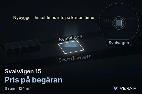 VERA PI's image of Svalvägen 15: the building in 3D, lit in blue, and the map around it