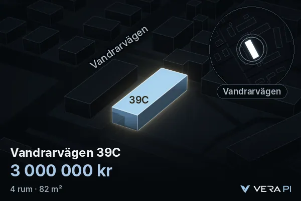 VERA PI's image of Vandrarvägen 39C: the building in 3D, lit in blue, and the map around it