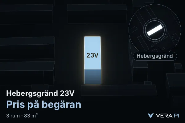VERA PI:s bild av Hebergsgränd 23V: huset i 3D, upplyst i blått, och kartan runt omkring