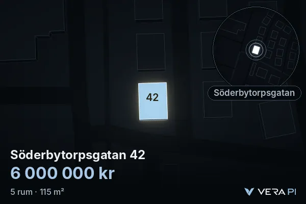 VERA PI's image of Söderbytorpsgatan 42: the building in 3D, lit in blue, and the map around it