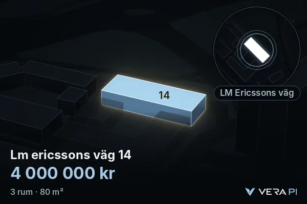 VERA PI:s bild av Lm ericssons väg 14: huset i 3D, upplyst i blått, och kartan runt omkring