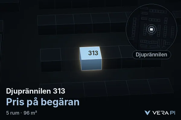 VERA PI:s bild av Djuprännilen 313: huset i 3D, upplyst i blått, och kartan runt omkring