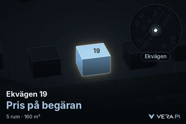 VERA PI's image of Ekvägen 19: the building in 3D, lit in blue, and the map around it