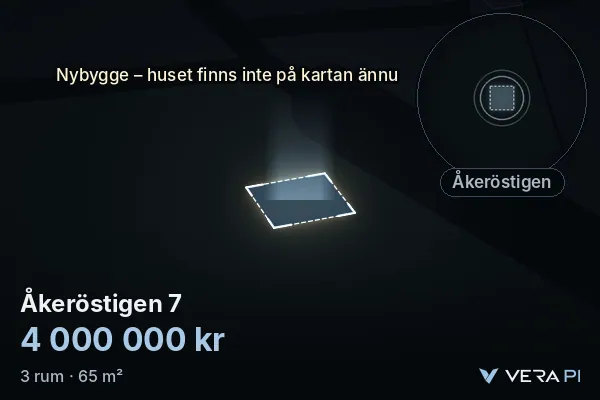 VERA PI's image of Åkeröstigen 7: the building in 3D, lit in blue, and the map around it