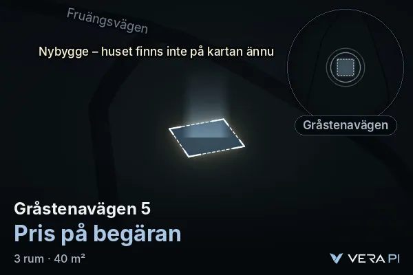 VERA PI:s bild av Gråstenavägen 5: huset i 3D, upplyst i blått, och kartan runt omkring