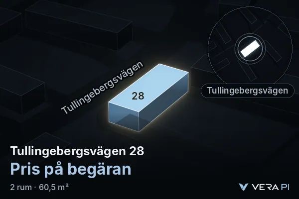 VERA PI's image of Tullingebergsvägen 28: the building in 3D, lit in blue, and the map around it