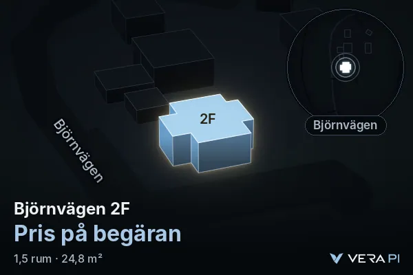 VERA PI:s bild av Björnvägen 2F: huset i 3D, upplyst i blått, och kartan runt omkring