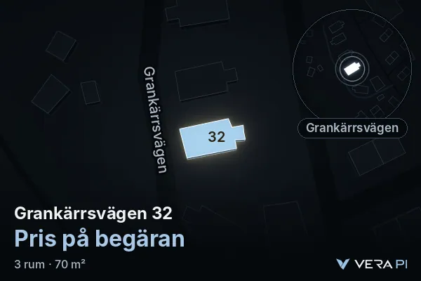 VERA PI:s bild av Grankärrsvägen 32: huset i 3D, upplyst i blått, och kartan runt omkring