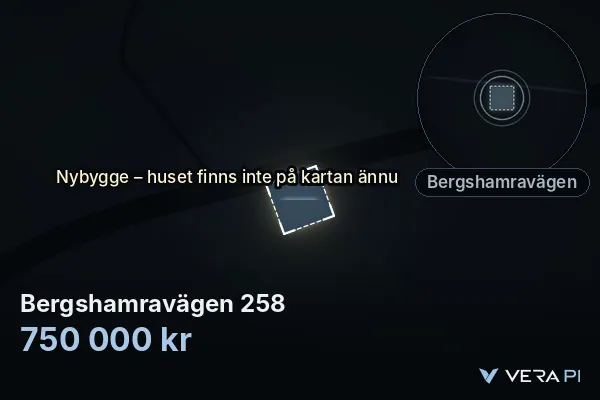 VERA PI:s bild av Bergshamravägen 258: huset i 3D, upplyst i blått, och kartan runt omkring