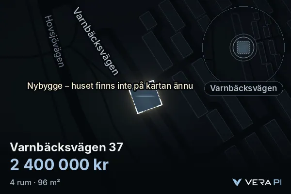 VERA PI's image of Varnbäcksvägen 37: the building in 3D, lit in blue, and the map around it