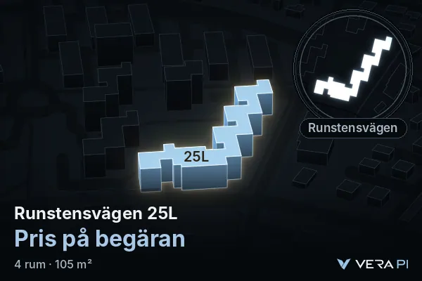 VERA PI:s bild av Runstensvägen 25L: huset i 3D, upplyst i blått, och kartan runt omkring