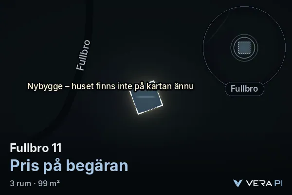 VERA PI:s bild av Fullbro 11: huset i 3D, upplyst i blått, och kartan runt omkring
