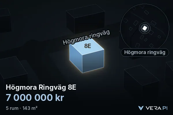 VERA PI:s bild av Högmora Ringväg 8E: huset i 3D, upplyst i blått, och kartan runt omkring