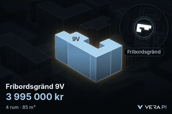 VERA PI:s bild av Fribordsgränd 9V: huset i 3D, upplyst i blått, och kartan runt omkring