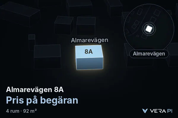 VERA PI's image of Almarevägen 8A: the building in 3D, lit in blue, and the map around it