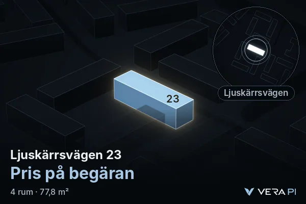 VERA PI:s bild av Ljuskärrsvägen 23: huset i 3D, upplyst i blått, och kartan runt omkring