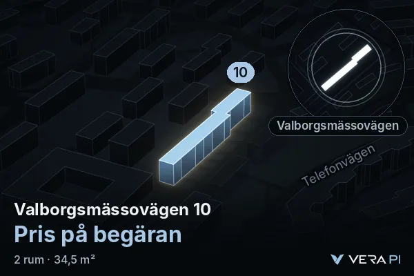 VERA PI:s bild av Valborgsmässovägen 10: huset i 3D, upplyst i blått, och kartan runt omkring