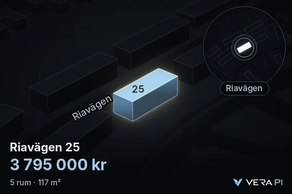 VERA PI:s bild av Riavägen 25: huset i 3D, upplyst i blått, och kartan runt omkring