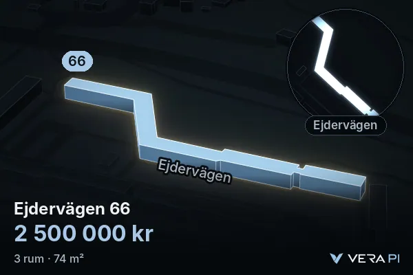 VERA PI's image of Ejdervägen 66: the building in 3D, lit in blue, and the map around it