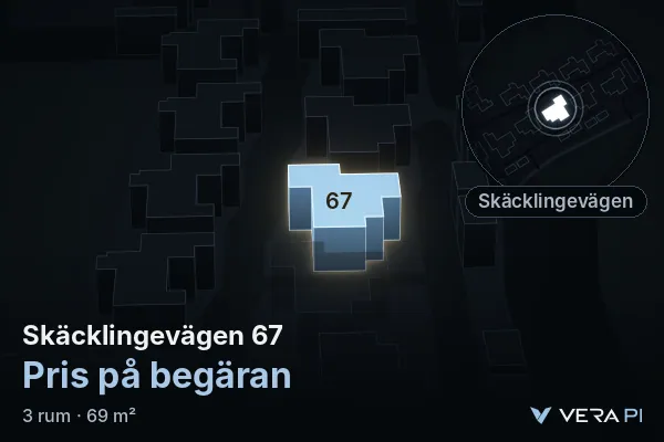 VERA PI's image of Skäcklingevägen 67: the building in 3D, lit in blue, and the map around it
