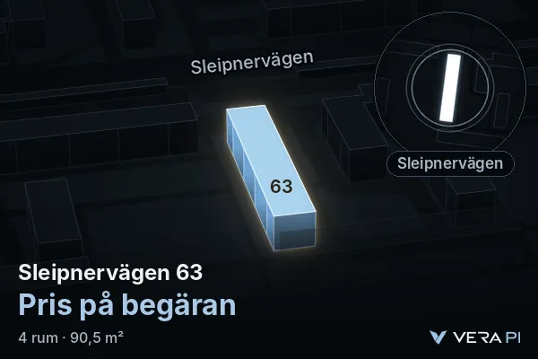 VERA PI:s bild av Sleipnervägen 63: huset i 3D, upplyst i blått, och kartan runt omkring