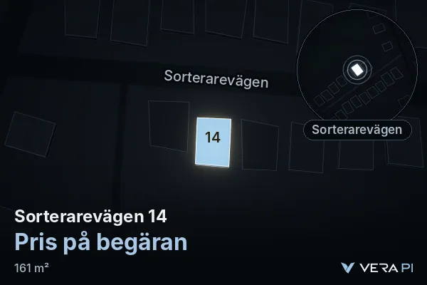 VERA PI's image of Sorterarevägen 14: the building in 3D, lit in blue, and the map around it