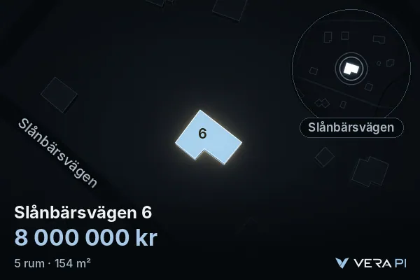 VERA PI:s bild av Slånbärsvägen 6: huset i 3D, upplyst i blått, och kartan runt omkring