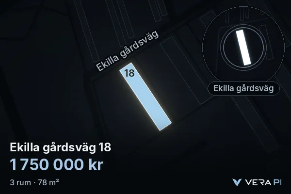 VERA PI:s bild av Ekilla gårdsväg 18: huset i 3D, upplyst i blått, och kartan runt omkring