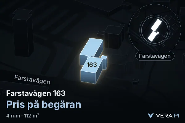 VERA PI's image of Farstavägen 163: the building in 3D, lit in blue, and the map around it