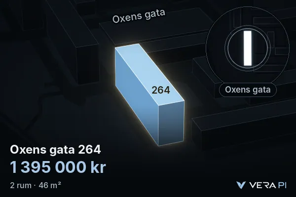 VERA PI's image of Oxens gata 264: the building in 3D, lit in blue, and the map around it
