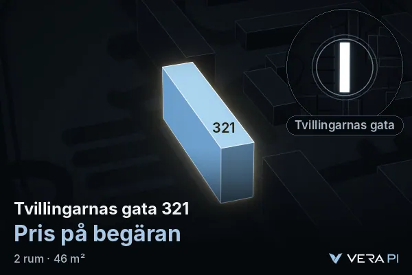 VERA PI:s bild av Tvillingarnas gata 321: huset i 3D, upplyst i blått, och kartan runt omkring