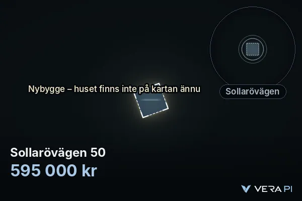 VERA PI:s bild av Sollarövägen 50: huset i 3D, upplyst i blått, och kartan runt omkring