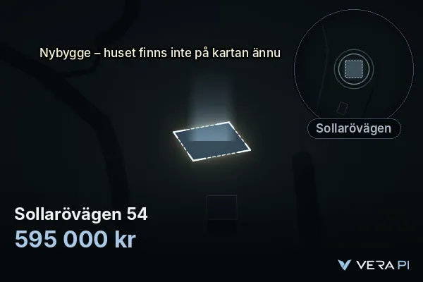 VERA PI:s bild av Sollarövägen 54: huset i 3D, upplyst i blått, och kartan runt omkring