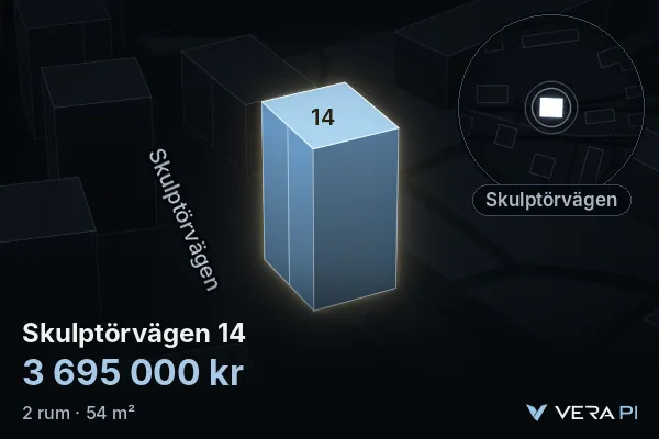 VERA PI's image of Skulptörvägen 14: the building in 3D, lit in blue, and the map around it