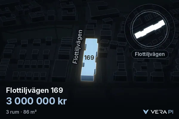 VERA PI's image of Flottiljvägen 169: the building in 3D, lit in blue, and the map around it