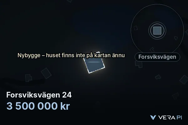 VERA PI's image of Forsviksvägen 24: the building in 3D, lit in blue, and the map around it